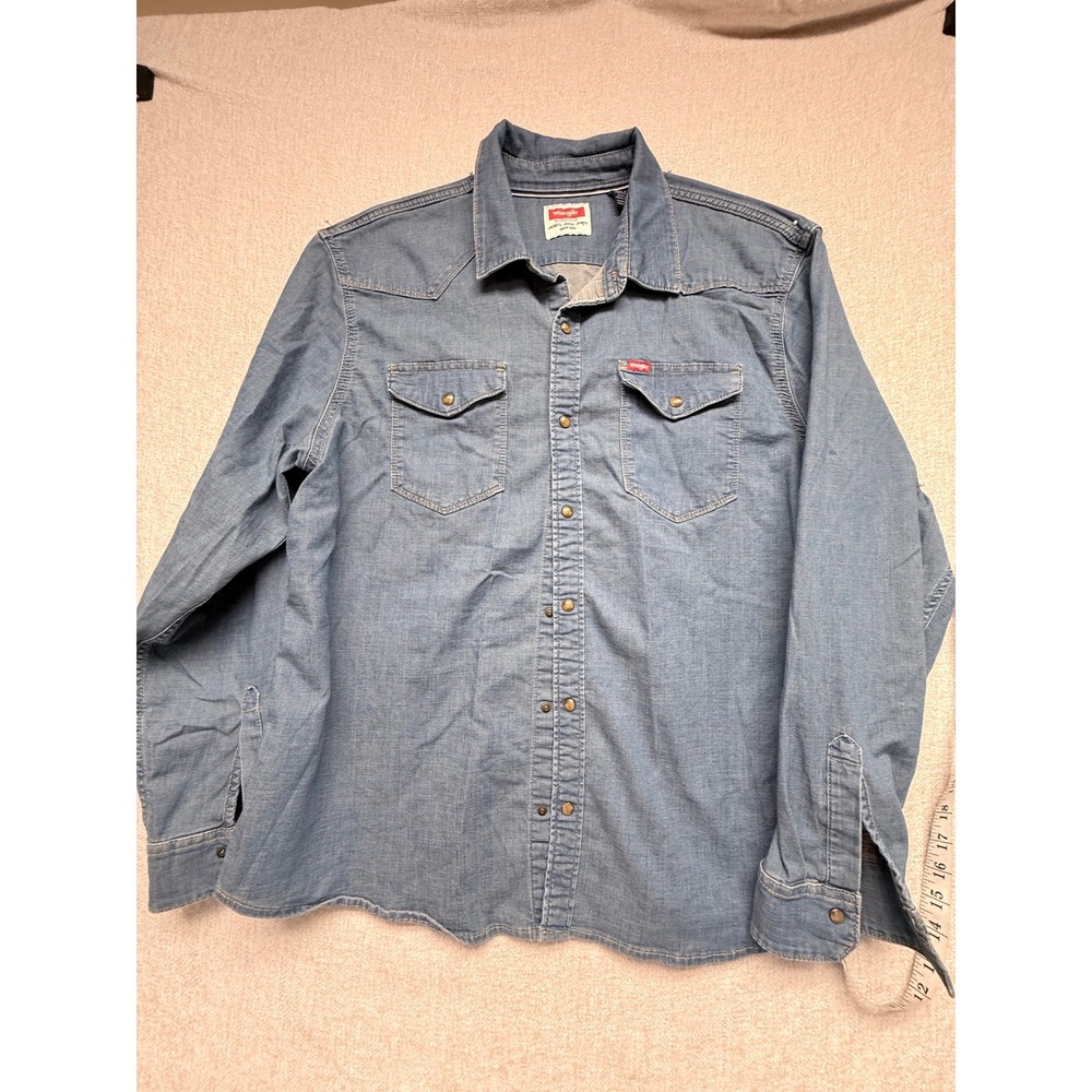 Wrangler Blue Denim Pearl Snap Western Shirt Long Sleeve Medium Wash XL